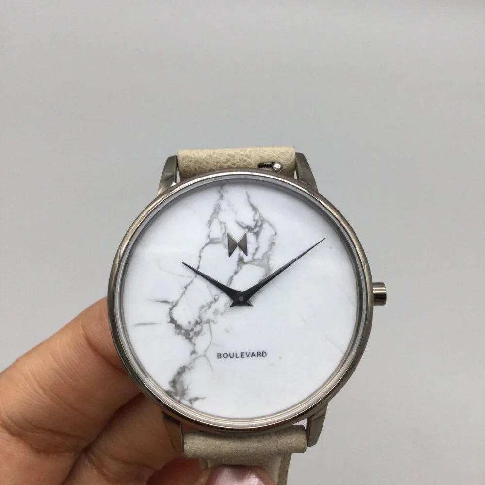 MVMT Crescent Marble Watch Men 38mm Silver Tone Tan Leather Band New Battery